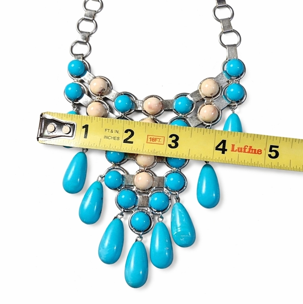Turquoise & Ivory Western Boho Bib Necklace | Silver-Tone Chain - Picture 4 of 6